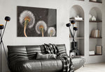 Dandelions glass wall art styled above a bed in a bedroom