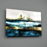 Painterly-abstract-seascape panel bringing luxe gravity to a contemporary dining room