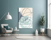 Chaotic glass wall art styled above a bed in a bedroom