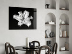 Lilies panel adding editorial mood to a bathroom