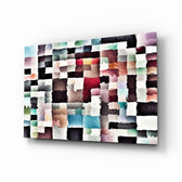 Images of Subconsciousness glass wall art displayed above a charcoal sofa in a chalk-walled lounge with reclaimed-wood console and matte-black floor lamp