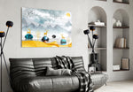 Lake of a Dream glass wall art styled above a sideboard in a dining room