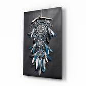 Dreamcatcher glass wall art displayed beside a charcoal velvet bed in a slate bedroom with brushed-brass sconces and rattan nightstands