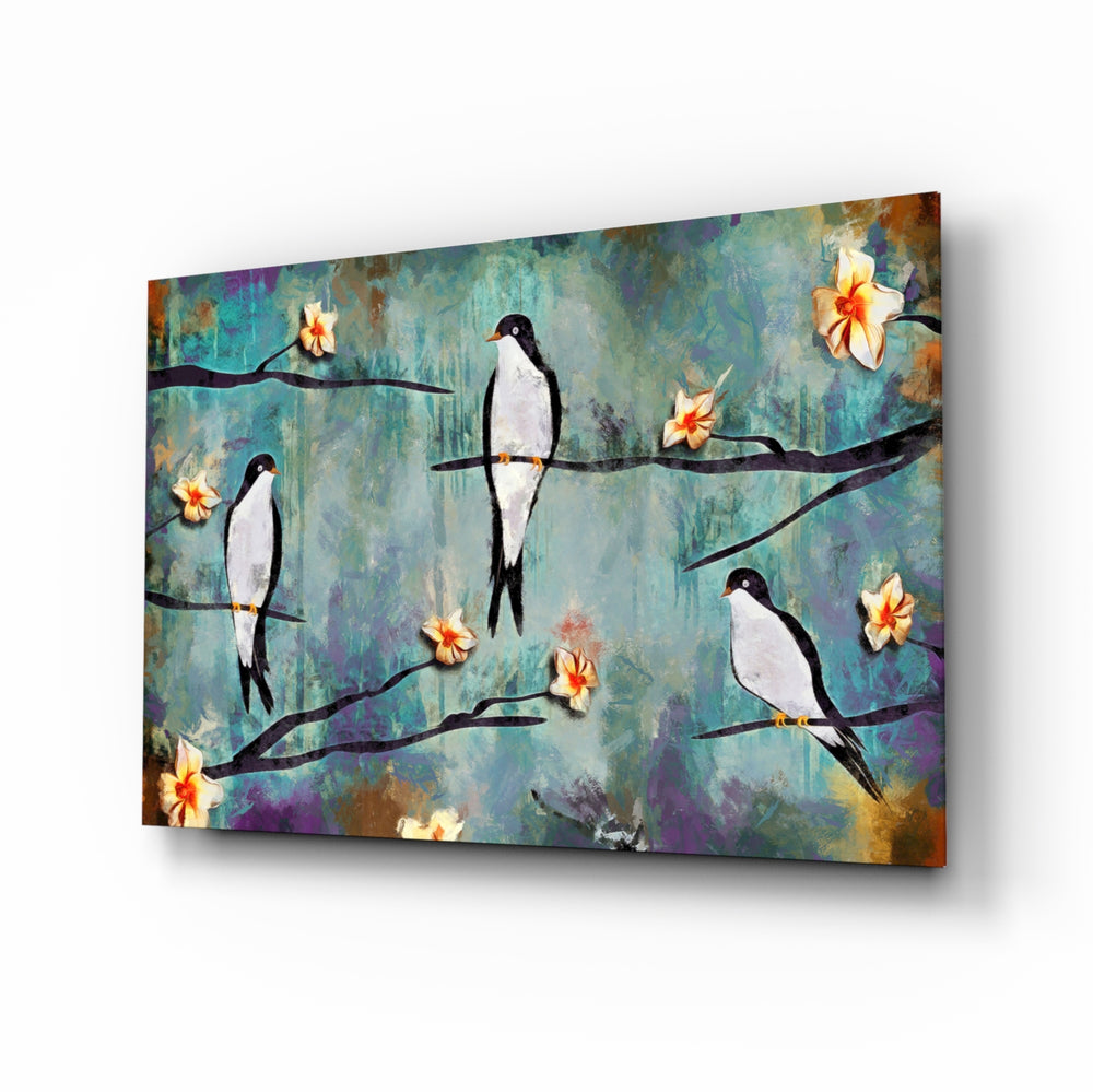 Birds of a Dream glass wall art displayed above a linen bed in a teal bedroom with rattan nightstands and brushed-brass sconces