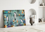 Birds of a Dream close-up showing three swallows on branches with apricot blossoms