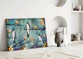 Birds of a Dream close-up showing three swallows on branches with apricot blossoms
