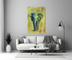 Elephant close-up showing painterly tusker in marigold and slate brushstrokes