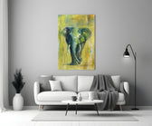 Elephant close-up showing painterly tusker in marigold and slate brushstrokes