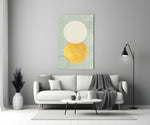 Sun and Moon close-up showing cream and gold orbs on sage seigaiha pattern