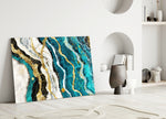 Marble Waves close-up showing teal cream rivers and gold veins on onyx
