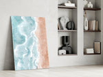 Beach glass print enhancing a living room with cinematic warmth