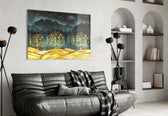 Golden Forest glass wall art styled above a sideboard in a dining room