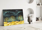 Golden Forest close-up showing three gold trees on gilt dunes under starry mountains