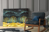 Golden Forest glass print enhancing a living room with cinematic warmth