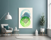 Abstract Circles glass wall art styled above a desk in an office