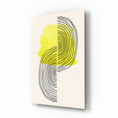 Abstract Sun glass wall art displayed beside a desk in a sunlit office with brass picture light and matte-black shelving