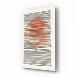 Abstract Sunset glass wall art displayed above a linen bed in a coral bedroom with rattan nightstands and brushed-brass sconces