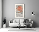 Abstract Sunset close-up showing coral sun behind horizontal black-line stripes