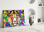 Lion in Colors close-up showing lion face amid magenta jade and cobalt splatter