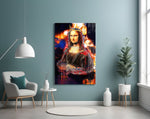 Queen Mona Lisa glass wall art styled above a console in a hallway