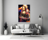 Queen Mona Lisa close-up showing crowned portrait amid flames and dripping graffiti strands