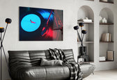 Gramophone glass wall art styled above a turntable shelf in a man cave