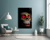 Sugar Skull glass wall art styled above a console in a hallway