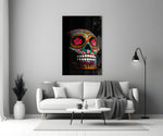 Sugar Skull close-up showing turquoise marigold and crimson dot mandalas with pink flower eyes