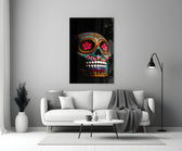 Sugar Skull close-up showing turquoise marigold and crimson dot mandalas with pink flower eyes