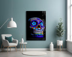 Sugar Skull glass wall art styled above a console in a hallway