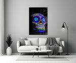 Sugar Skull close-up showing cobalt violet and marigold dot mandalas with turquoise flower eyes
