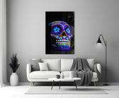 Sugar Skull close-up showing cobalt violet and marigold dot mandalas with turquoise flower eyes
