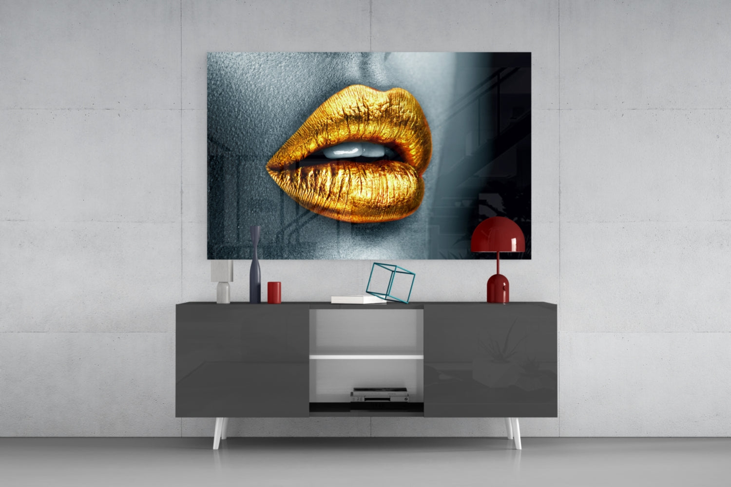 Golden Lips Glass Wall Art.