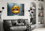 Golden Lips glass wall art styled in a dressing room