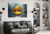 Golden Lips glass wall art styled in a dressing room