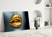 Golden Lips close-up showing lacquered gold lips parting softly on graphite skin