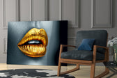 Golden Lips glass print enhancing a salon with cinematic warmth