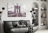 Brooklyn Bridge glass wall art styled above a desk in an office