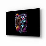 Diamond Bear glass wall art displayed above a black leather sofa in a moody gaming lounge with neon LED strip and matte-black coffee table