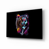 Diamond Bear glass wall art displayed above a black leather sofa in a moody gaming lounge with neon LED strip and matte-black coffee table