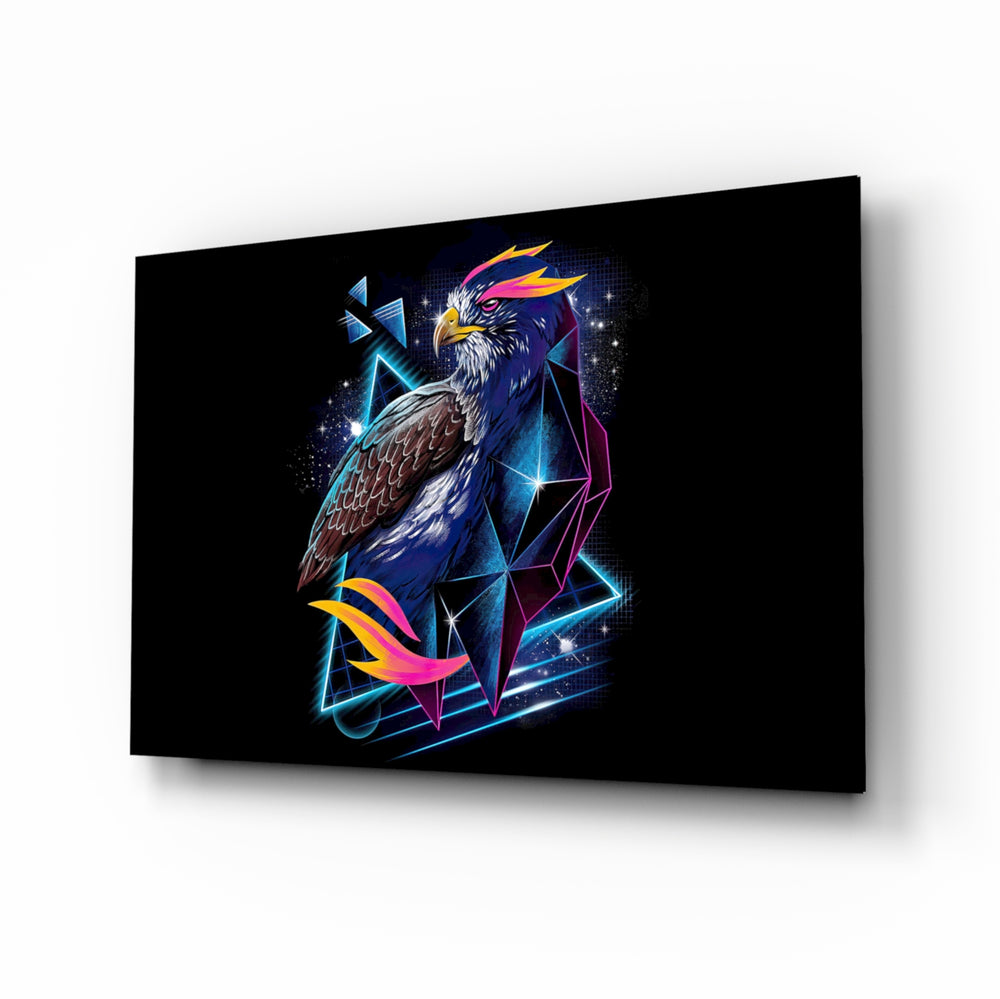 Diamond Hawk glass wall art displayed above a black leather sofa in a moody gaming lounge with neon LED strip and matte-black coffee table
