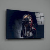 Editorial-portrait panel bringing mysterious gravity to a contemporary lounge