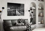 City Night glass wall art styled above a desk in an office