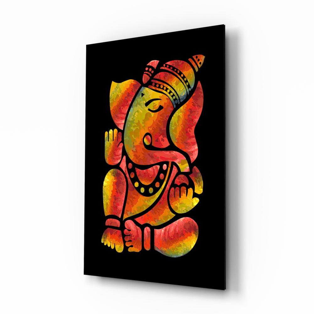 Ganesha glass wall art displayed above a black leather sofa in a moody lounge with walnut console and brass arc lamp