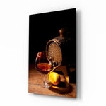 Wine glass wall art displayed above a walnut sideboard in a moody dining room with reclaimed-wood beams and brass picture light