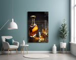 Whiskey glass wall art styled above a sideboard in a home bar