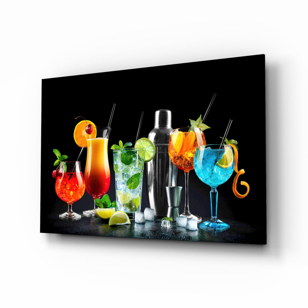 Cocktails glass wall art displayed above a walnut sideboard in a moody dining room with reclaimed-wood beams and brass picture light