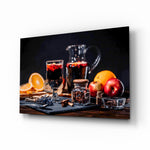 Noel Tea glass wall art displayed above a walnut sideboard in a moody dining room with reclaimed-wood beams and brass picture light
