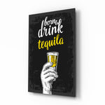 Tequila glass wall art displayed above a leather chesterfield in a moody man cave with reclaimed-wood console and brass arc lamp