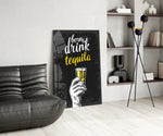 Tequila panel adding editorial wit to a kitchen